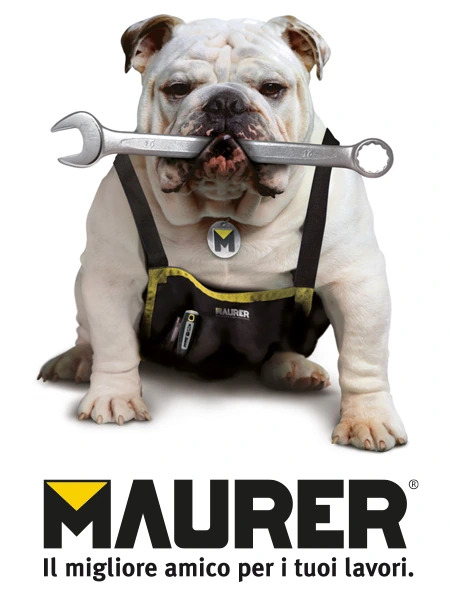 Mascotte Maurer con chiave inglese e logo Maurer